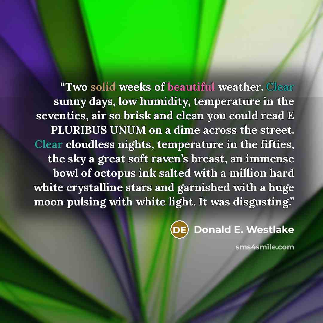 “Two solid weeks of beautiful weather. Clear sunny days, low humidity, temperature in the seventies, air so brisk and clean you could read E PLURIBUS UNUM on a dime across the street. Clear cloudless nights, temperature in the fifties, the sky a great soft raven’s breast, an immense bowl of octopus…” quote by Donald E. Westlake
