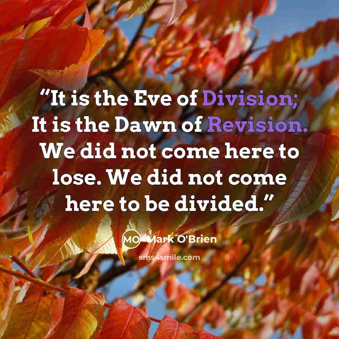 “It is the Eve of Division; It is the Dawn of Revision. We did not come here to lose. We did not come here to be divided.” quote by Mark O'Brien