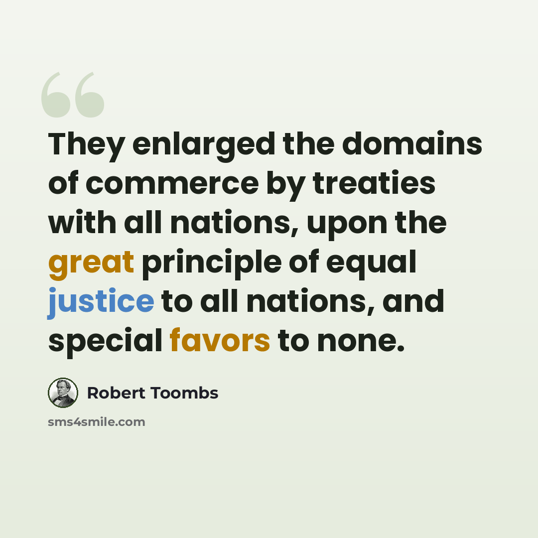 “They enlarged the domains of commerce by treaties with all nations, upon the great principle of equal justice to all nations, and special favors to none.” quote by Robert Toombs