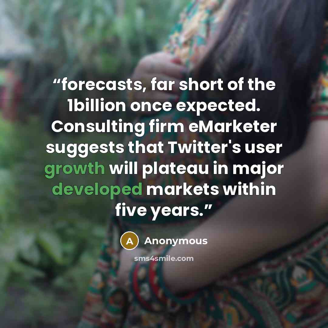 “forecasts, far short of the 1billion once expected. Consulting firm eMarketer suggests that Twitter's user growth will plateau in major developed markets within five years.” quote by Anonymous
