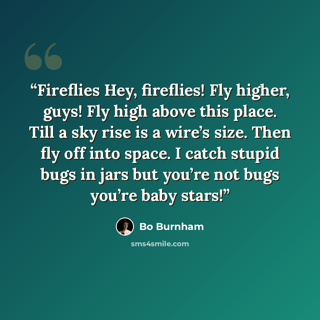 “Fireflies Hey, fireflies! Fly higher, guys! Fly high above this place. Till a sky rise is a wire’s size. Then fly off into space. I catch stupid bugs in jars but you’re not bugs you’re baby stars!” quote by Bo Burnham