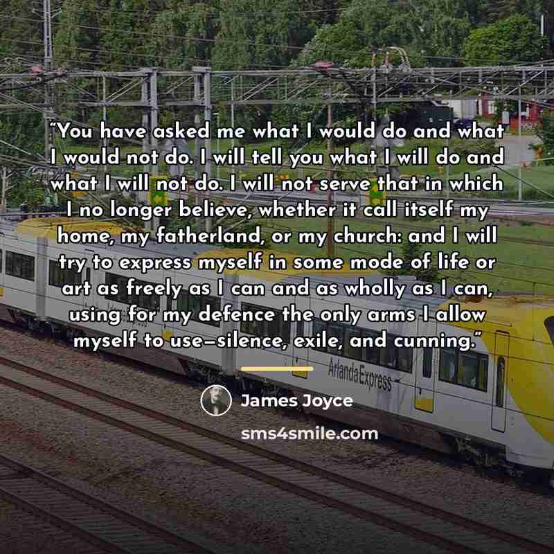 “You have asked me what I would do and what I would not do. I will tell you what I will do and what I will not do. I will not serve that in which I no longer believe, whether it call itself my home, my fatherland, or my church: and I will try to express myself in some mode of life or art as freely…” quote by James Joyce