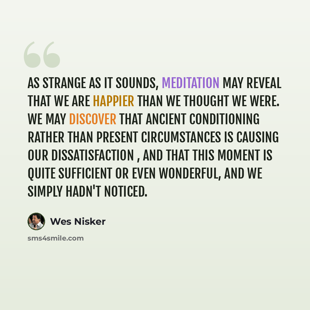 “As strange as it sounds, meditation may reveal that we are happier than we thought we were. We may discover that ancient conditioning rather than present circumstances is causing our dissatisfaction , and that this moment is quite sufficient or even wonderful, and we simply hadn't noticed.” quote by Wes Nisker