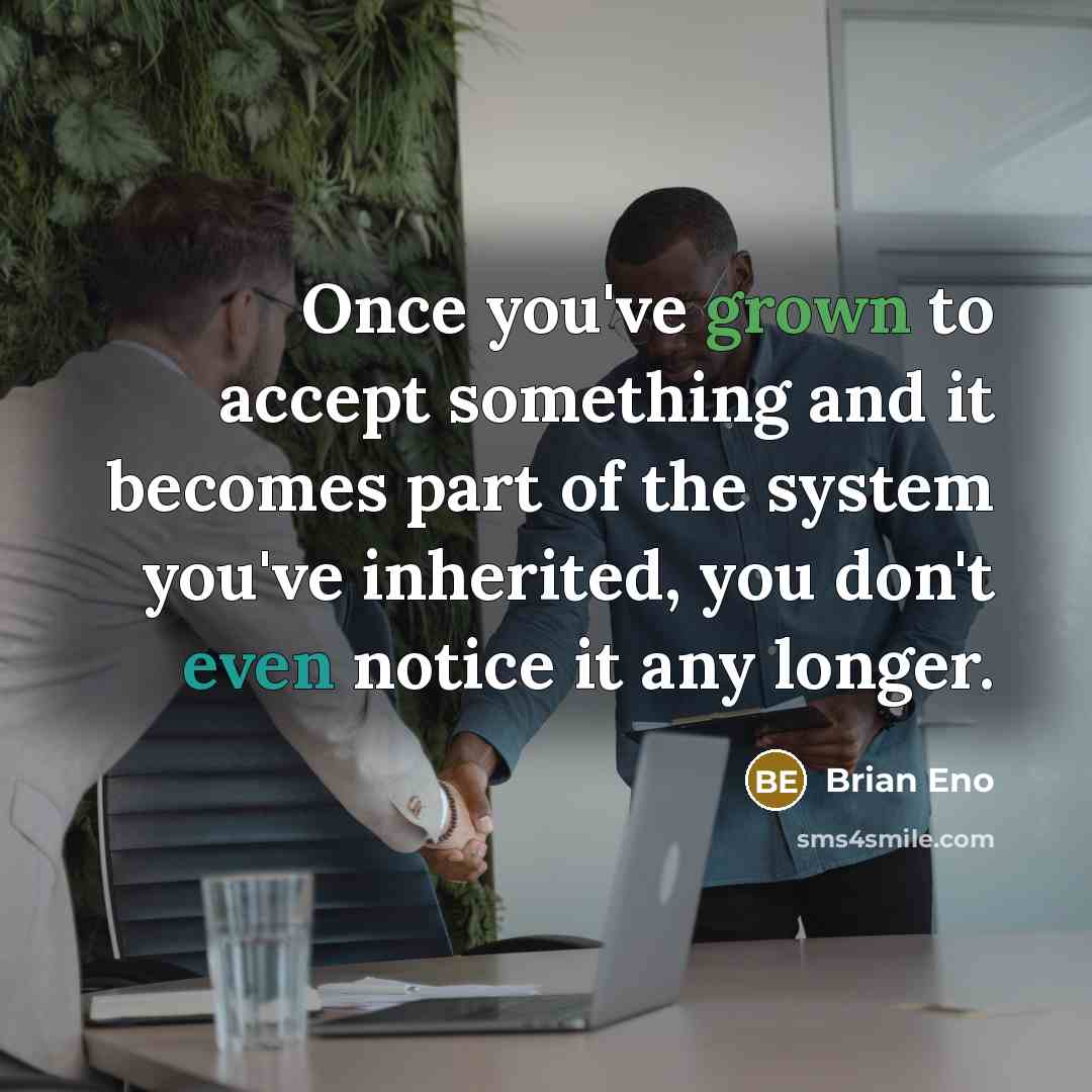 “Once you've grown to accept something and it becomes part of the system you've inherited, you don't even notice it any longer.” quote by Brian Eno