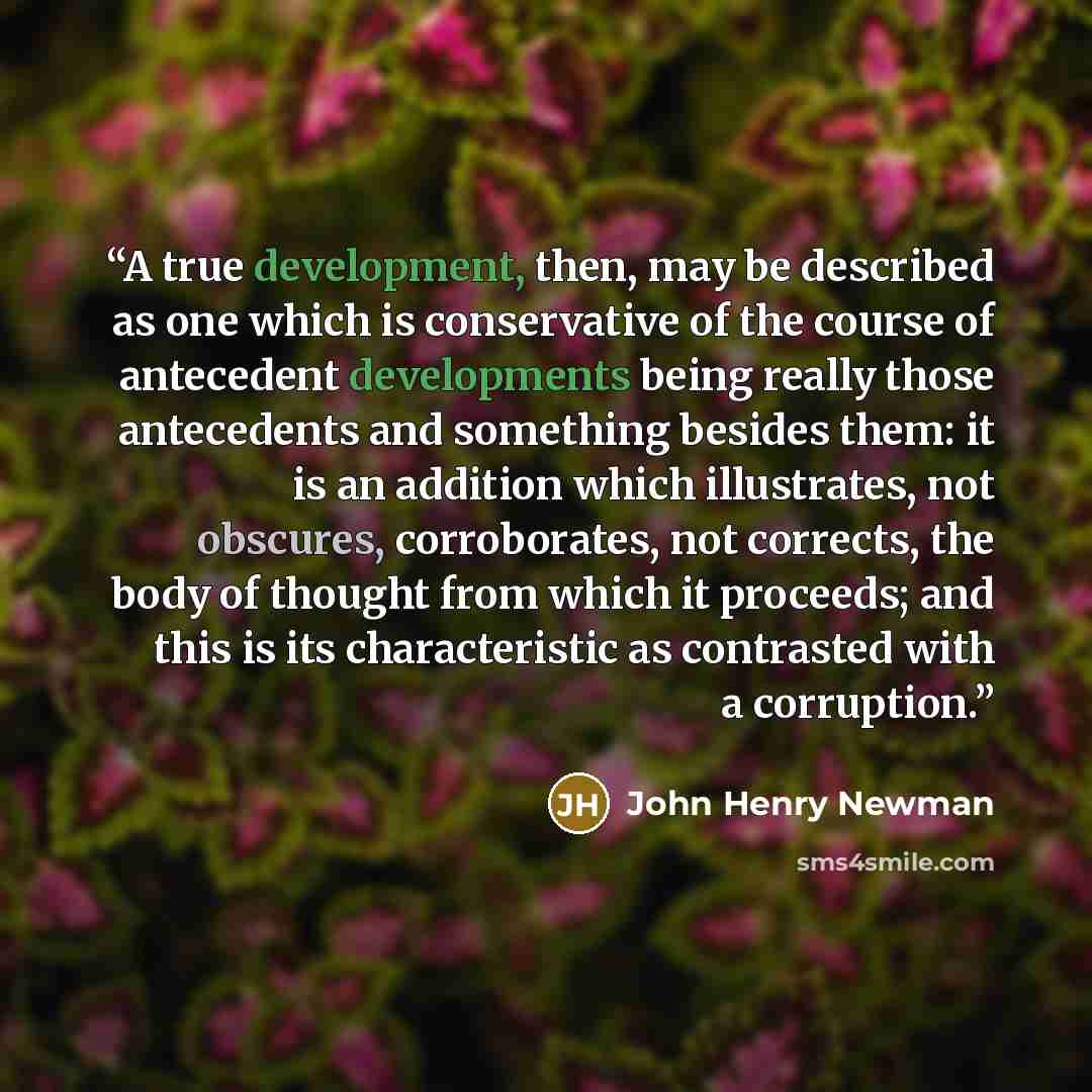 “A true development, then, may be described as one which is conservative of the course of antecedent developments being really those antecedents and something besides them: it is an addition which illustrates, not obscures, corroborates, not corrects, the body of thought from which it proceeds; and…” quote by John Henry Newman