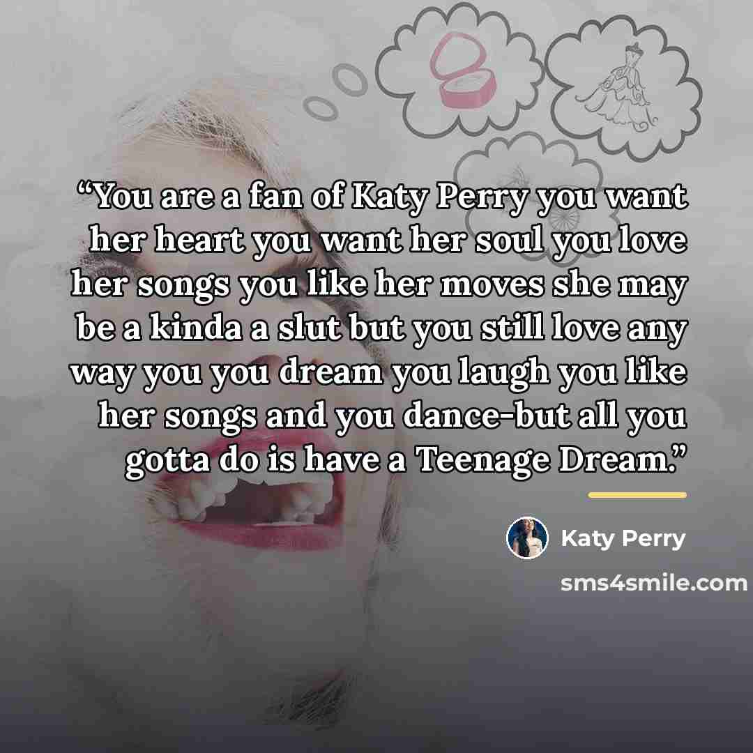“You are a fan of Katy Perry you want her heart you want her soul you love her songs you like her moves she may be a kinda a slut but you still love any way you you dream you laugh you like her songs and you dance-but all you gotta do is have a Teenage Dream.” quote by Katy Perry
