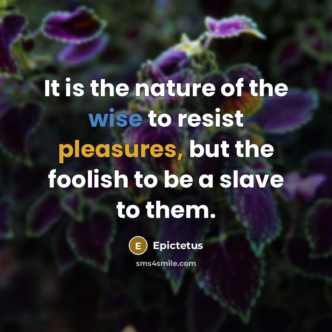 “It is the nature of the wise to resist pleasures, but the foolish to be a slave to them.” quote by Epictetus