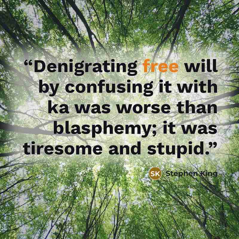 “Denigrating free will by confusing it with ka was worse than blasphemy; it was tiresome and stupid.” quote by Stephen King