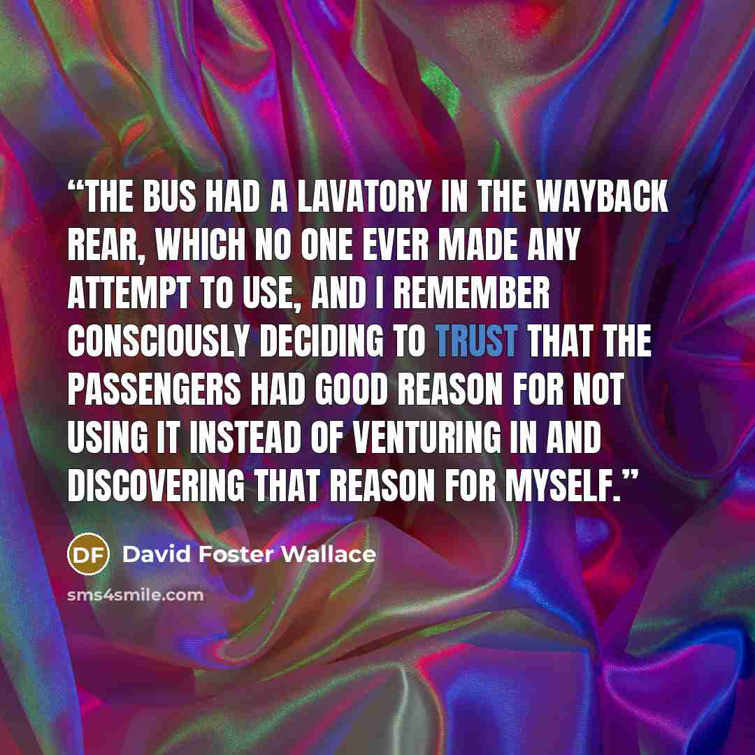 “The bus had a lavatory in the wayback rear, which no one ever made any attempt to use, and I remember consciously deciding to trust that the passengers had good reason for not using it instead of venturing in and discovering that reason for myself.” quote by David Foster Wallace