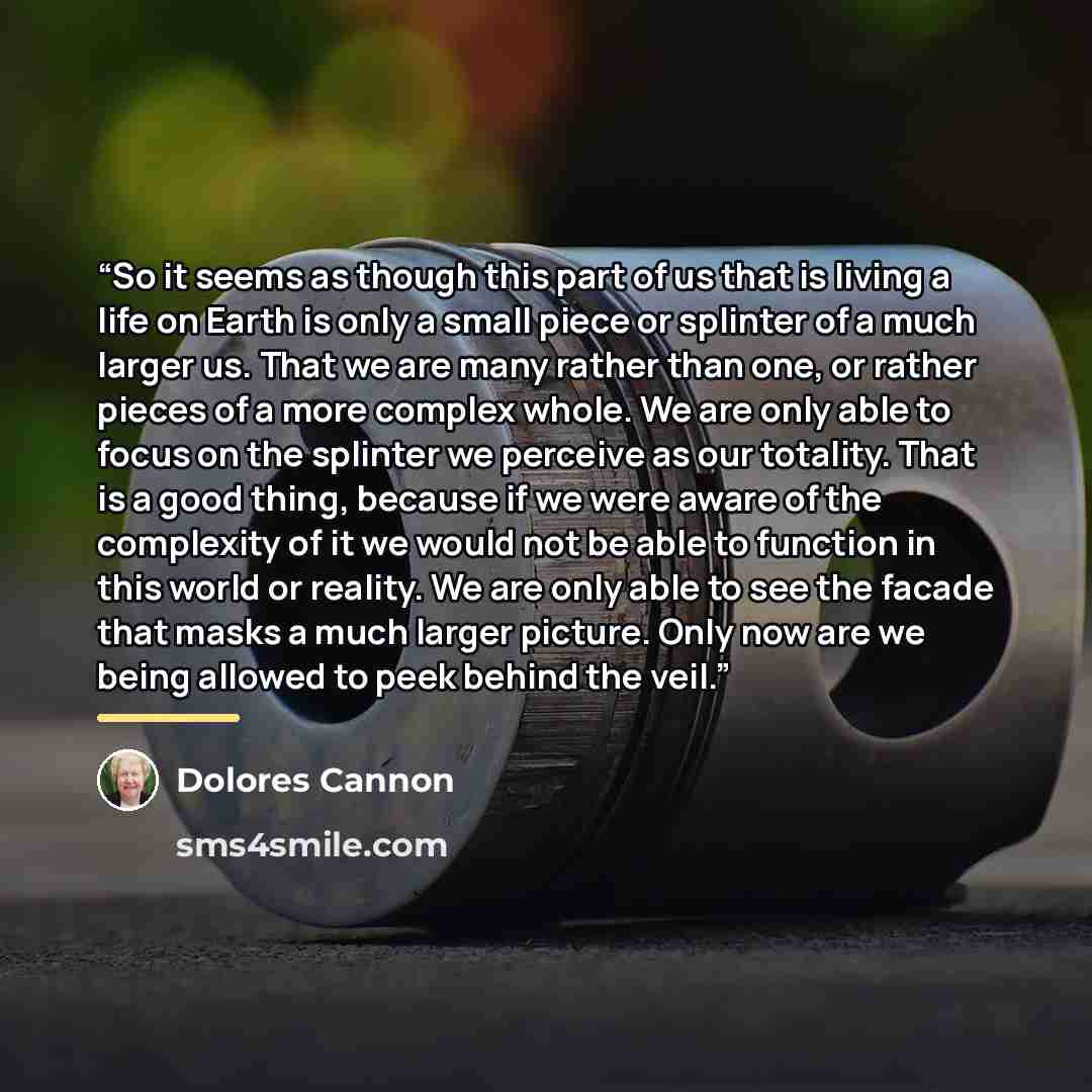 “So it seems as though this part of us that is living a life on Earth is only a small piece or splinter of a much larger us. That we are many rather than one, or rather pieces of a more complex whole. We are only able to focus on the splinter we perceive as our totality. That is a good thing…” quote by Dolores Cannon