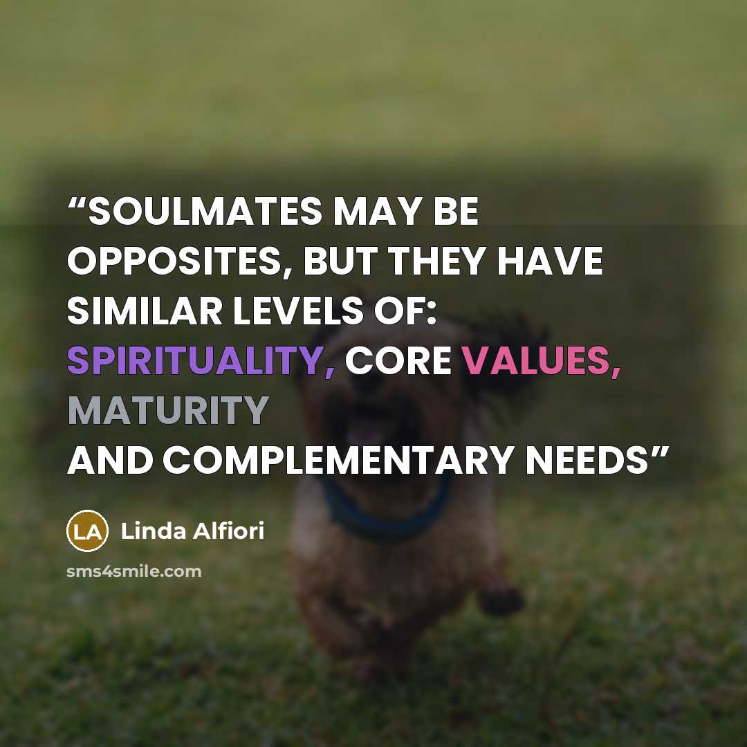 “SOULMATES MAY BE OPPOSITES, BUT THEY HAVE SIMILAR LEVELS OF: SPIRITUALITY, CORE VALUES, MATURITY AND COMPLEMENTARY NEEDS” quote by Linda Alfiori