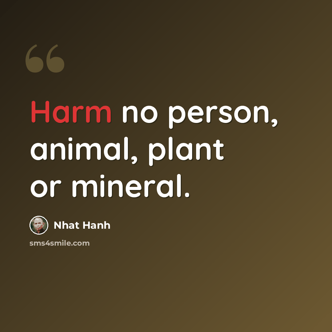 “Harm no person, animal, plant or mineral.” quote by Nhat Hanh