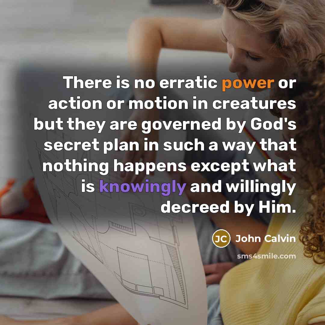 “There is no erratic power or action or motion in creatures but they are governed by God's secret plan in such a way that nothing happens except what is knowingly and willingly decreed by Him.” quote by John Calvin