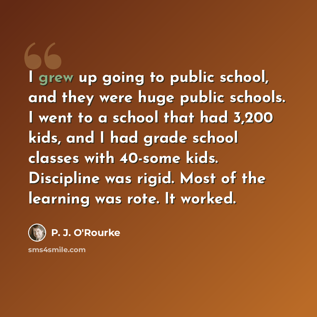 “I grew up going to public school, and they were huge public schools. I went to a school that had 3,200 kids, and I had grade school classes with 40-some kids. Discipline was rigid. Most of the learning was rote. It worked.” quote by P. J. O'Rourke