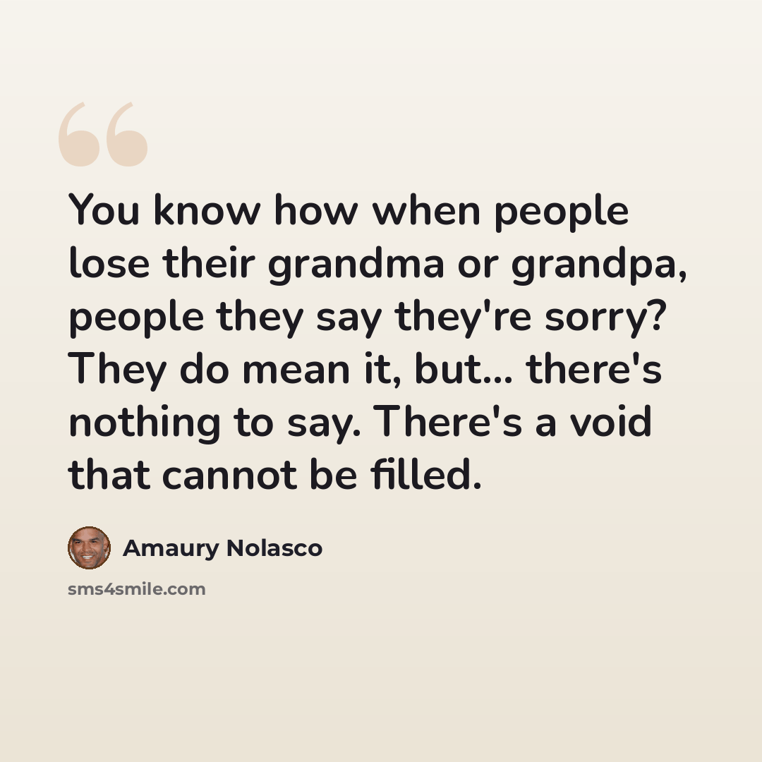 “You know how when people lose their grandma or grandpa, people they say they're sorry? They do mean it, but... there's nothing to say. There's a void that cannot be filled.” quote by Amaury Nolasco