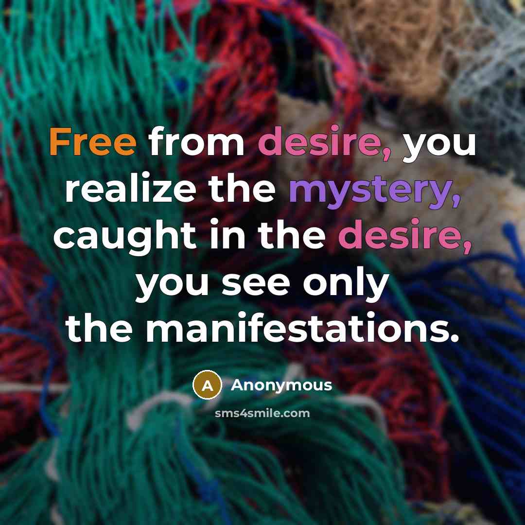 “Free from desire, you realize the mystery, caught in the desire, you see only the manifestations.” quote by Anonymous