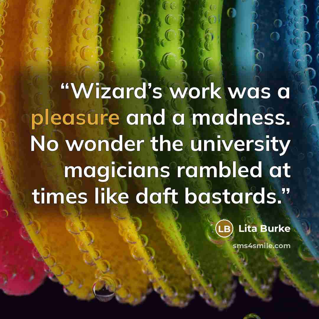 “Wizard’s work was a pleasure and a madness. No wonder the university magicians rambled at times like daft bastards.” quote by Lita Burke