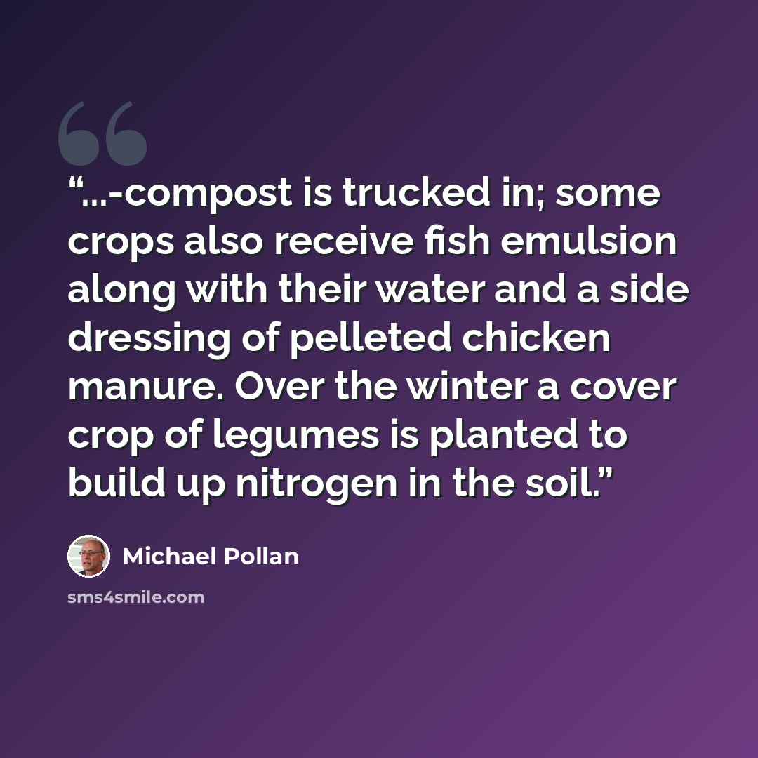 “...-compost is trucked in; some crops also receive fish emulsion along with their water and a side dressing of pelleted chicken manure. Over the winter a cover crop of legumes is planted to build up nitrogen in the soil.” quote by Michael Pollan