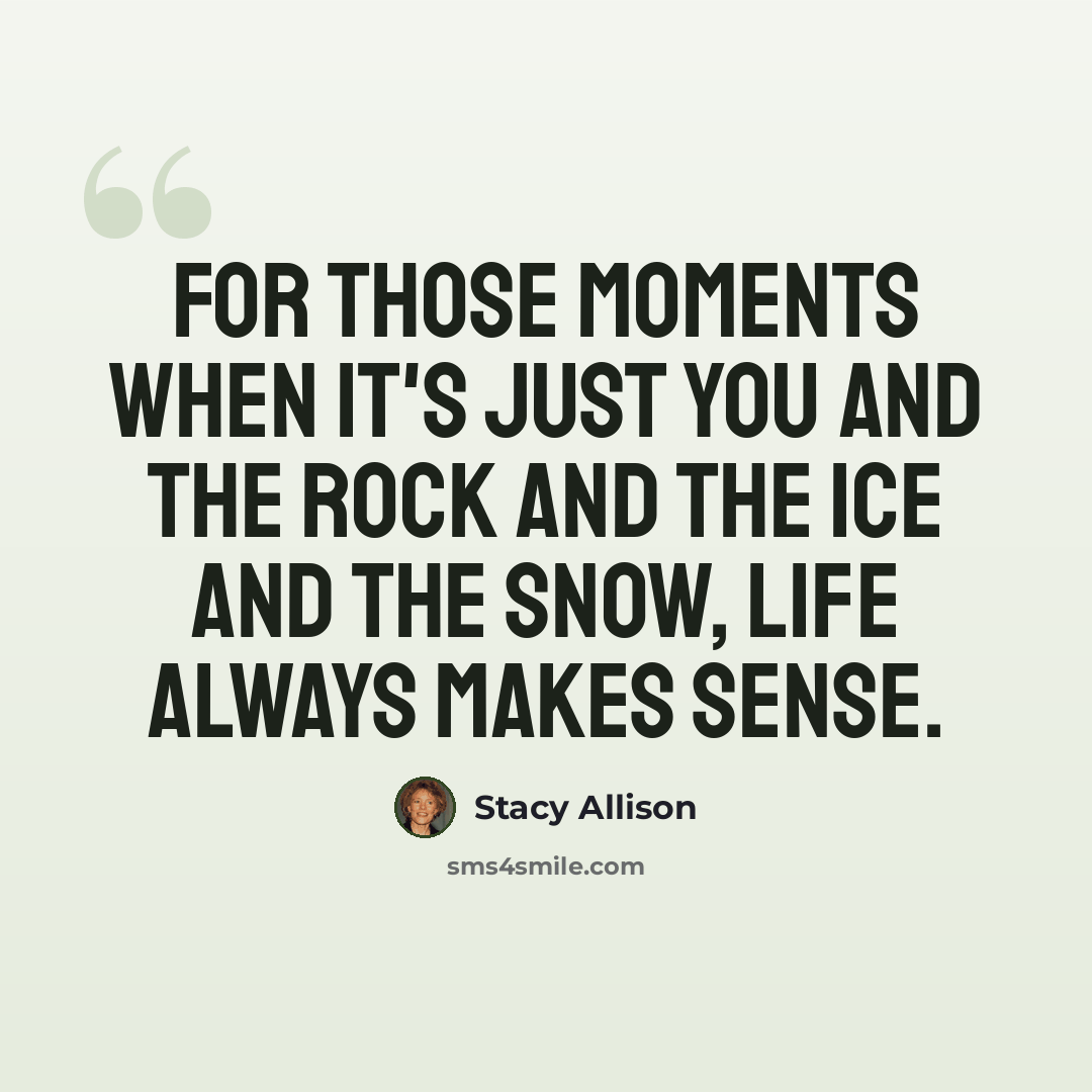 “For those moments when it's just you and the rock and the ice and the snow, life always makes sense.” quote by Stacy Allison