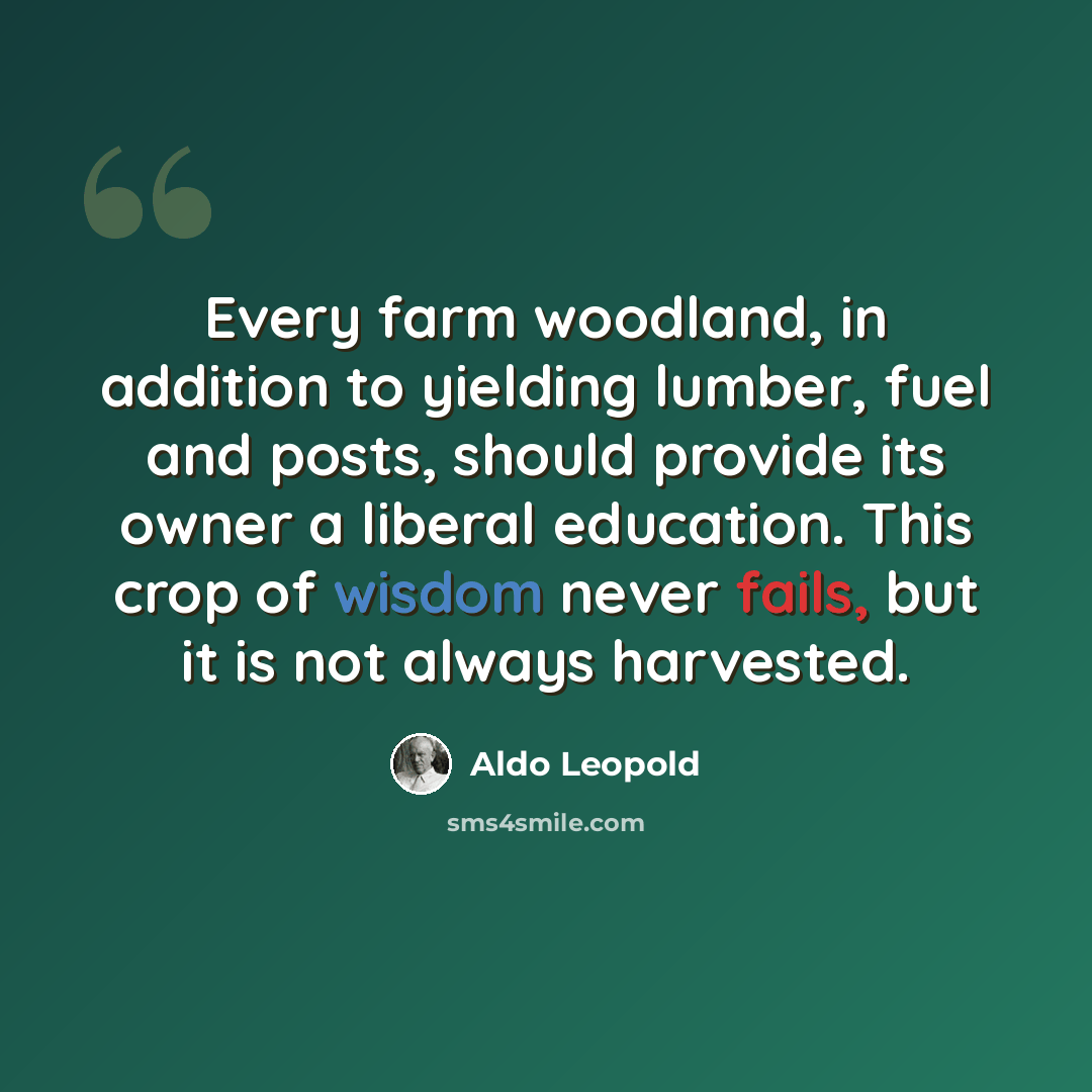 “Every farm woodland, in addition to yielding lumber, fuel and posts, should provide its owner a liberal education. This crop of wisdom never fails, but it is not always harvested.” quote by Aldo Leopold