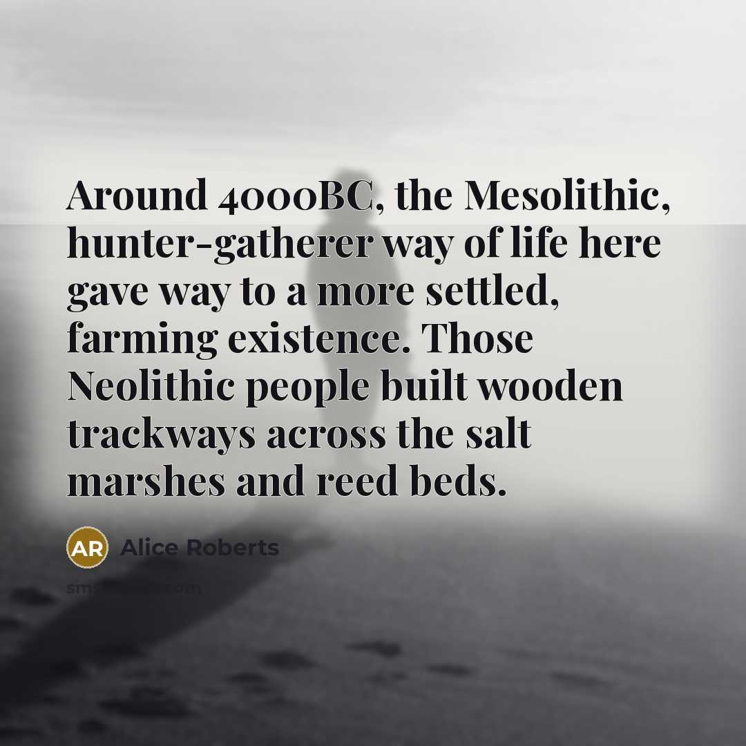 “Around 4000BC, the Mesolithic, hunter-gatherer way of life here gave way to a more settled, farming existence. Those Neolithic people built wooden trackways across the salt marshes and reed beds.” quote by Alice Roberts