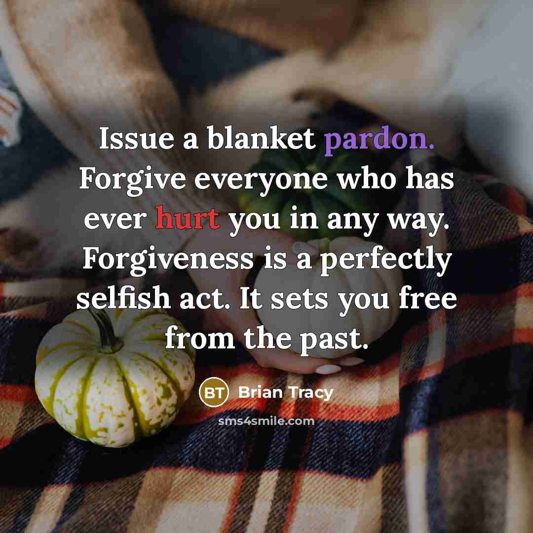 “Issue a blanket pardon. Forgive everyone who has ever hurt you in any way. Forgiveness is a perfectly selfish act. It sets you free from the past.” quote by Brian Tracy