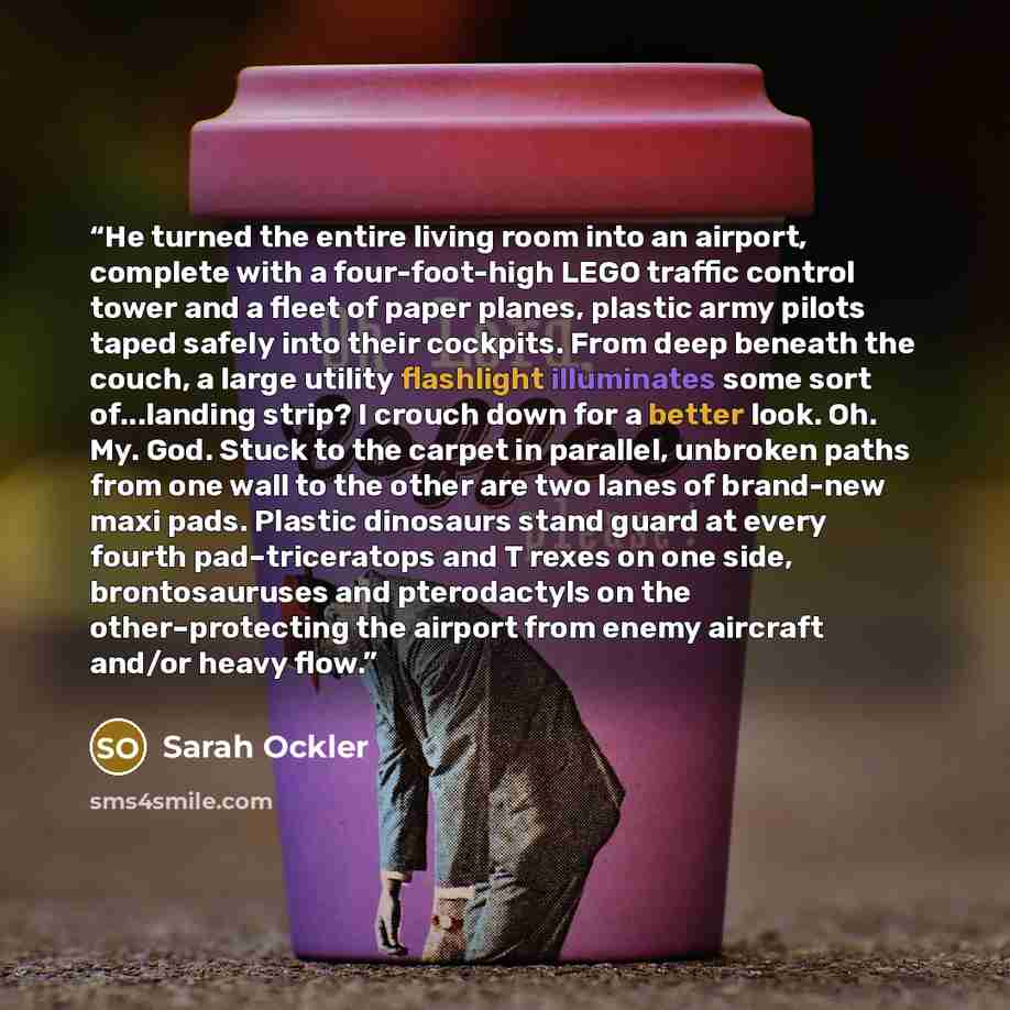 “He turned the entire living room into an airport, complete with a four-foot-high LEGO traffic control tower and a fleet of paper planes, plastic army pilots taped safely into their cockpits. From deep beneath the couch, a large utility flashlight illuminates some sort of...landing strip? I crouch…” quote by Sarah Ockler