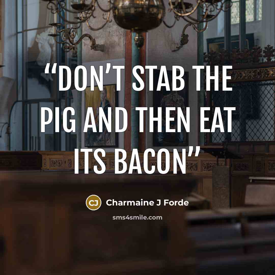“Don’t stab the pig and then eat its bacon” quote by Charmaine J Forde
