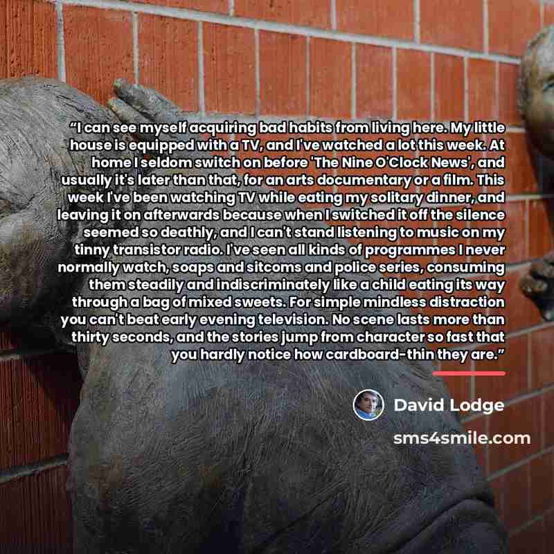 “I can see myself acquiring bad habits from living here. My little house is equipped with a TV, and I've watched a lot this week. At home I seldom switch on before 'The Nine O'Clock News', and usually it's later than that, for an arts documentary or a film. This week I've been watching TV while…” quote by David Lodge