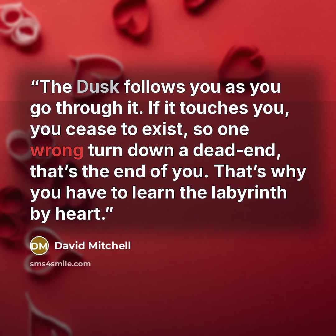 “The Dusk follows you as you go through it. If it touches you, you cease to exist, so one wrong turn down a dead-end, that’s the end of you. That’s why you have to learn the labyrinth by heart.” quote by David Mitchell