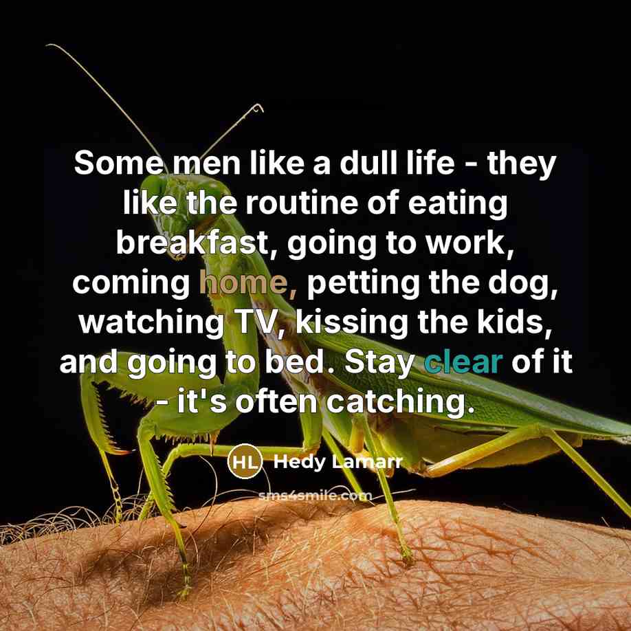 “Some men like a dull life - they like the routine of eating breakfast, going to work, coming home, petting the dog, watching TV, kissing the kids, and going to bed. Stay clear of it - it's often catching.” quote by Hedy Lamarr