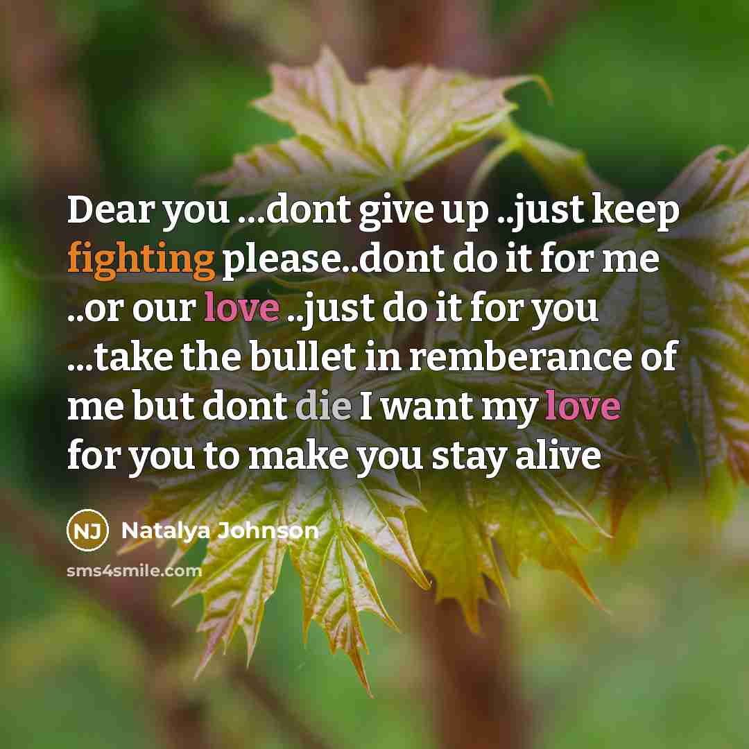 “Dear you …dont give up ..just keep fighting please..dont do it for me ..or our love ..just do it for you ...take the bullet in remberance of me but dont die I want my love for you to make you stay alive” quote by Natalya Johnson
