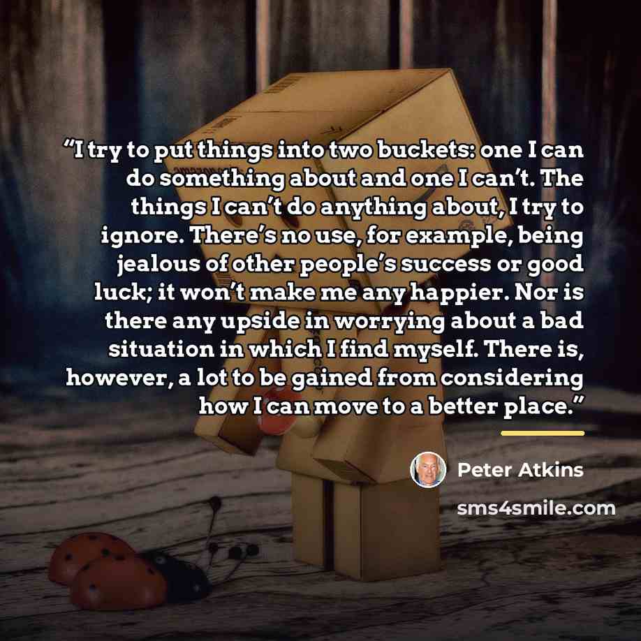 “I try to put things into two buckets: one I can do something about and one I can’t. The things I can’t do anything about, I try to ignore. There’s no use, for example, being jealous of other people’s success or good luck; it won’t make me any happier. Nor is there any upside in worrying about a…” quote by Peter Atkins