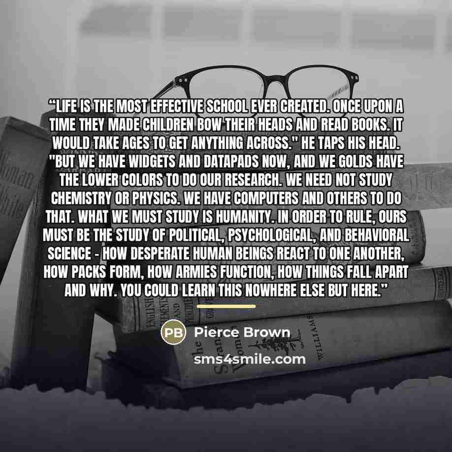 “Life is the most effective school ever created. Once upon a time they made children bow their heads and read books. It would take ages to get anything across." He taps his head. "But we have widgets and datapads now, and we Golds have the lower Colors to do our research. We need not study…” quote by Pierce Brown