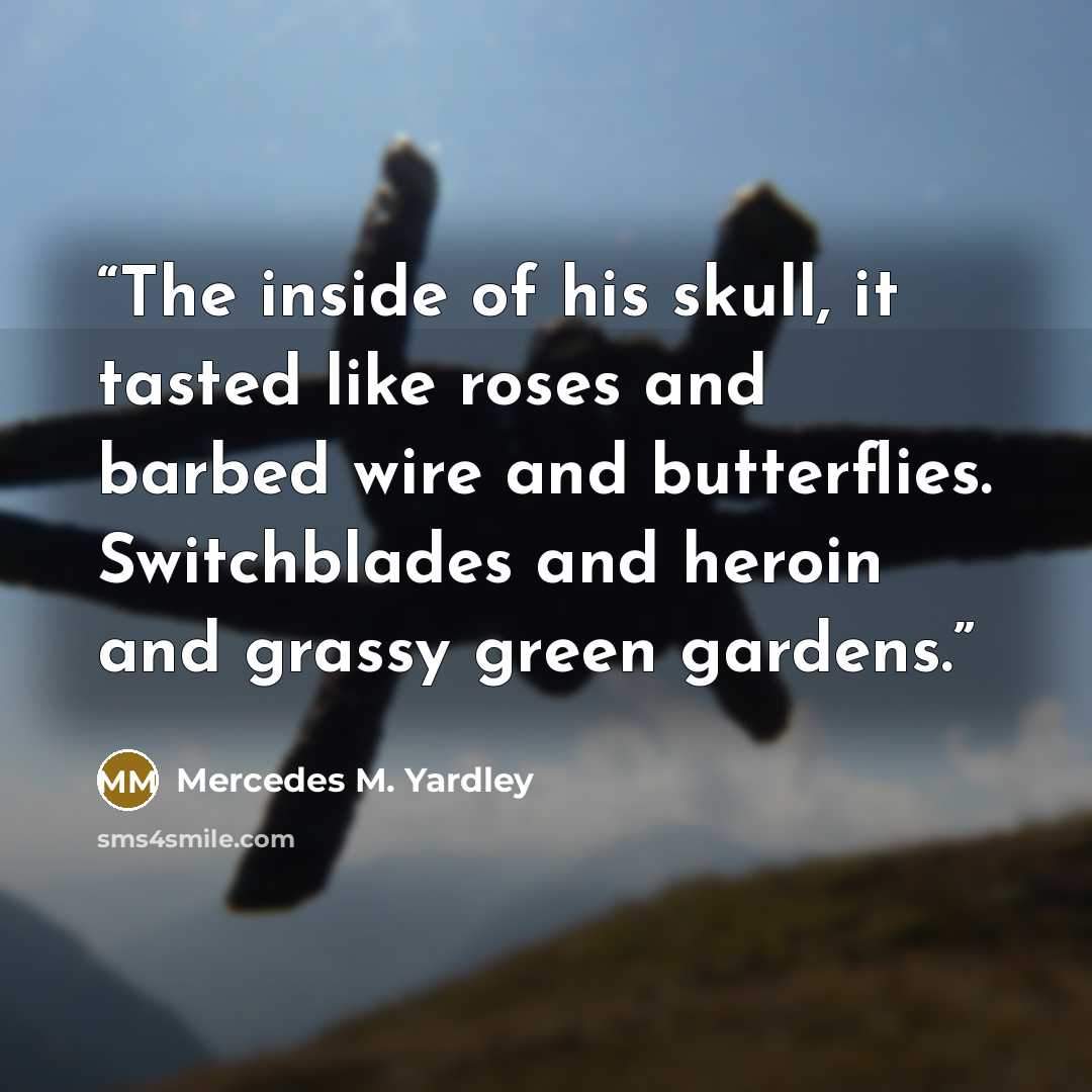 “The inside of his skull, it tasted like roses and barbed wire and butterflies. Switchblades and heroin and grassy green gardens.” quote by Mercedes M. Yardley