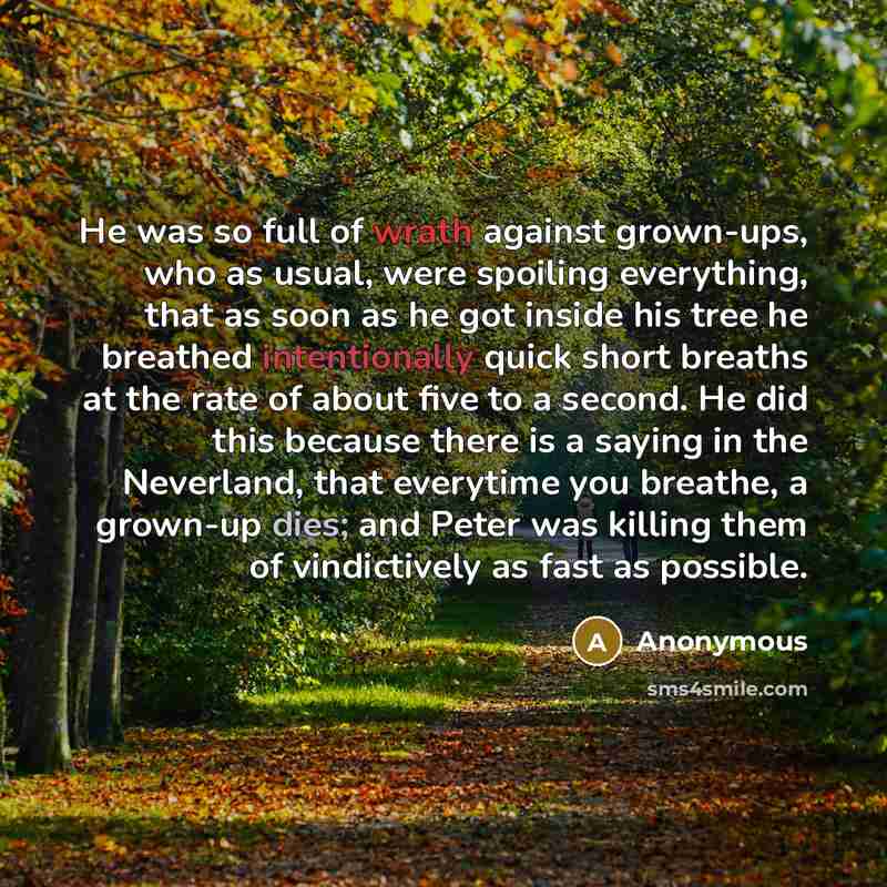 “He was so full of wrath against grown-ups, who as usual, were spoiling everything, that as soon as he got inside his tree he breathed intentionally quick short breaths at the rate of about five to a second. He did this because there is a saying in the Neverland, that everytime you breathe, a…” quote by Anonymous