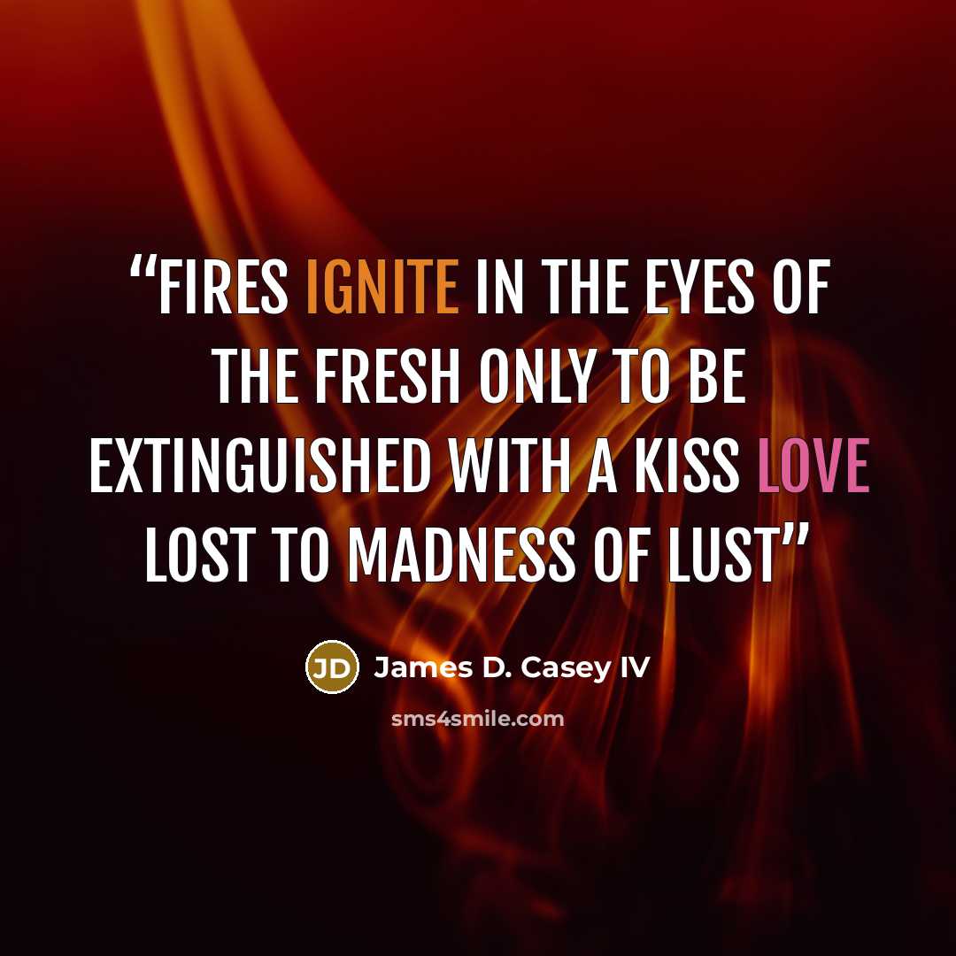 “Fires ignite In the eyes of the fresh Only to be extinguished with A kiss Love lost to Madness of lust” quote by James D. Casey IV