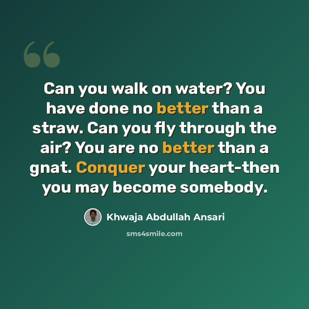 “Can you walk on water? You have done no better than a straw. Can you fly through the air? You are no better than a gnat. Conquer your heart-then you may become somebody.” quote by Khwaja Abdullah Ansari