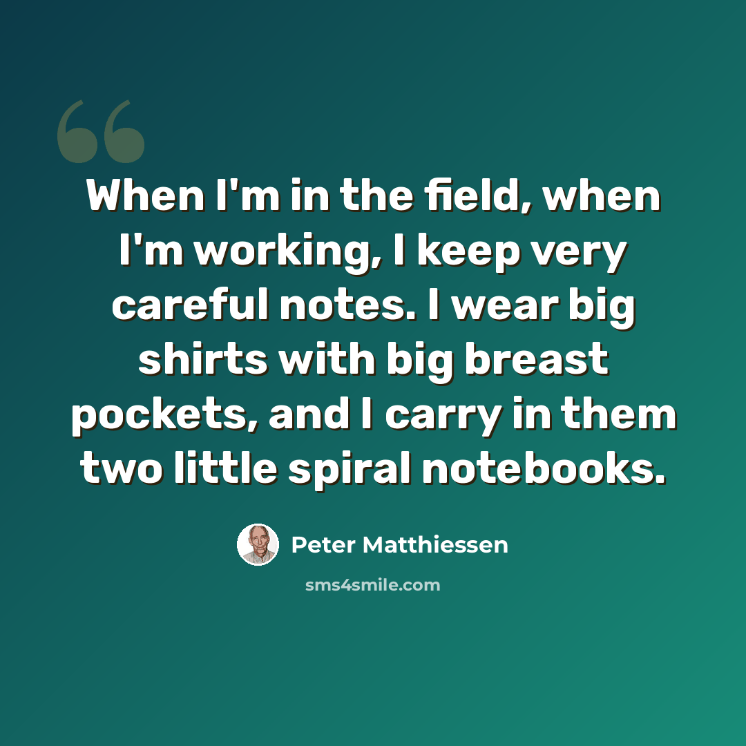“When I'm in the field, when I'm working, I keep very careful notes. I wear big shirts with big breast pockets, and I carry in them two little spiral notebooks.” quote by Peter Matthiessen
