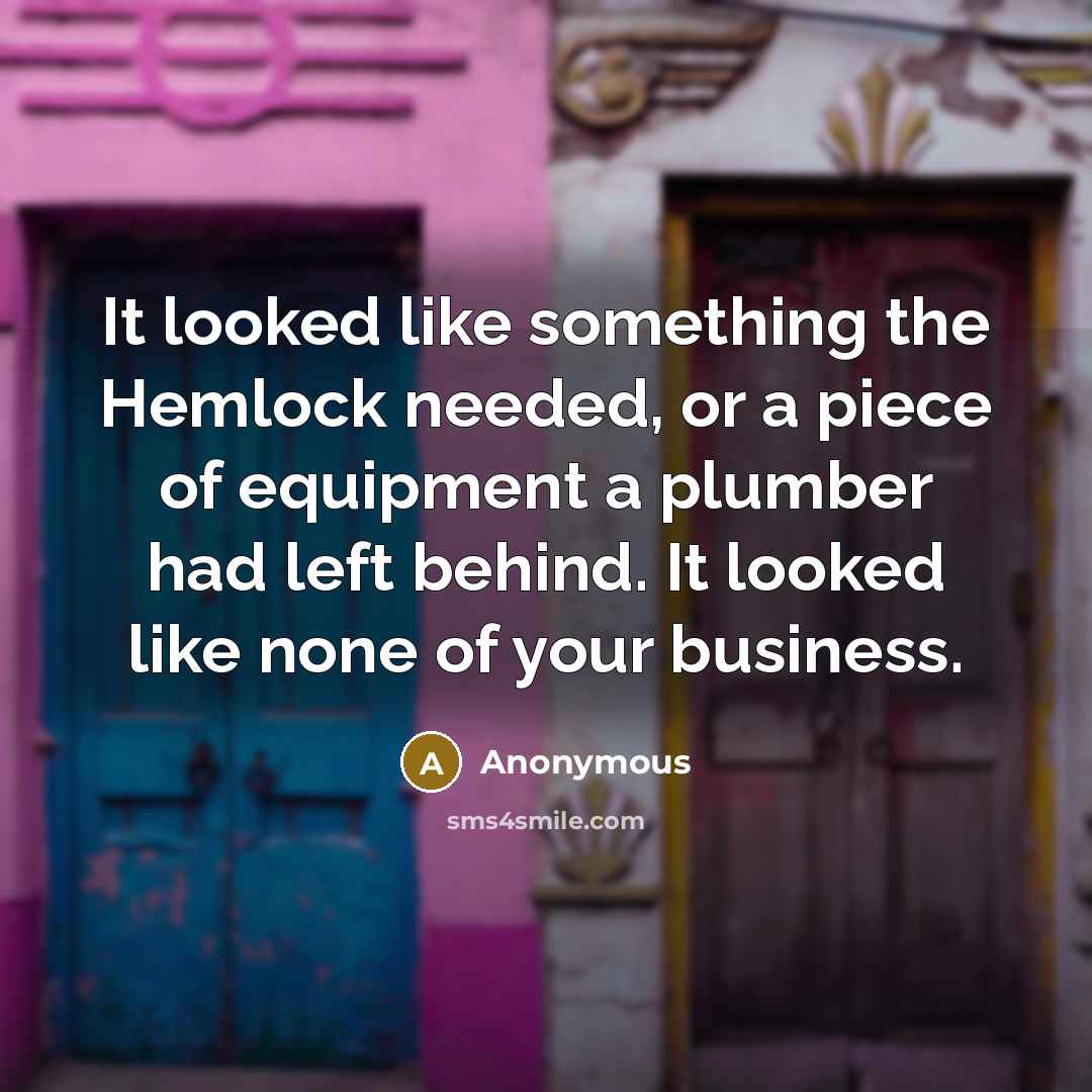 “It looked like something the Hemlock needed, or a piece of equipment a plumber had left behind. It looked like none of your business.” quote by Anonymous