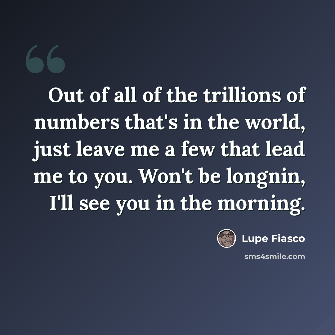 “Out of all of the trillions of numbers that's in the world, just leave me a few that lead me to you. Won't be longnin, I'll see you in the morning.” quote by Lupe Fiasco