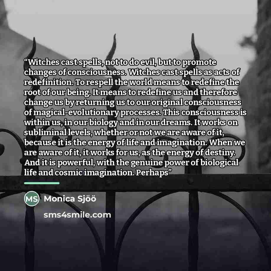 “Witches cast spells, not to do evil, but to promote changes of consciousness. Witches cast spells as acts of redefinition. To respell the world means to redefine the root of our being. It means to redefine us and therefore change us by returning us to our original consciousness of…” quote by Monica Sjöö