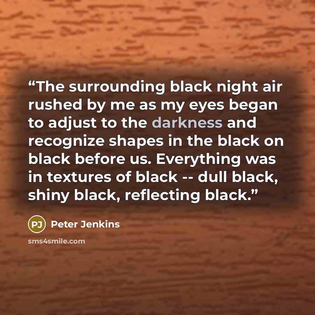 “The surrounding black night air rushed by me as my eyes began to adjust to the darkness and recognize shapes in the black on black before us. Everything was in textures of black -- dull black, shiny black, reflecting black.” quote by Peter Jenkins