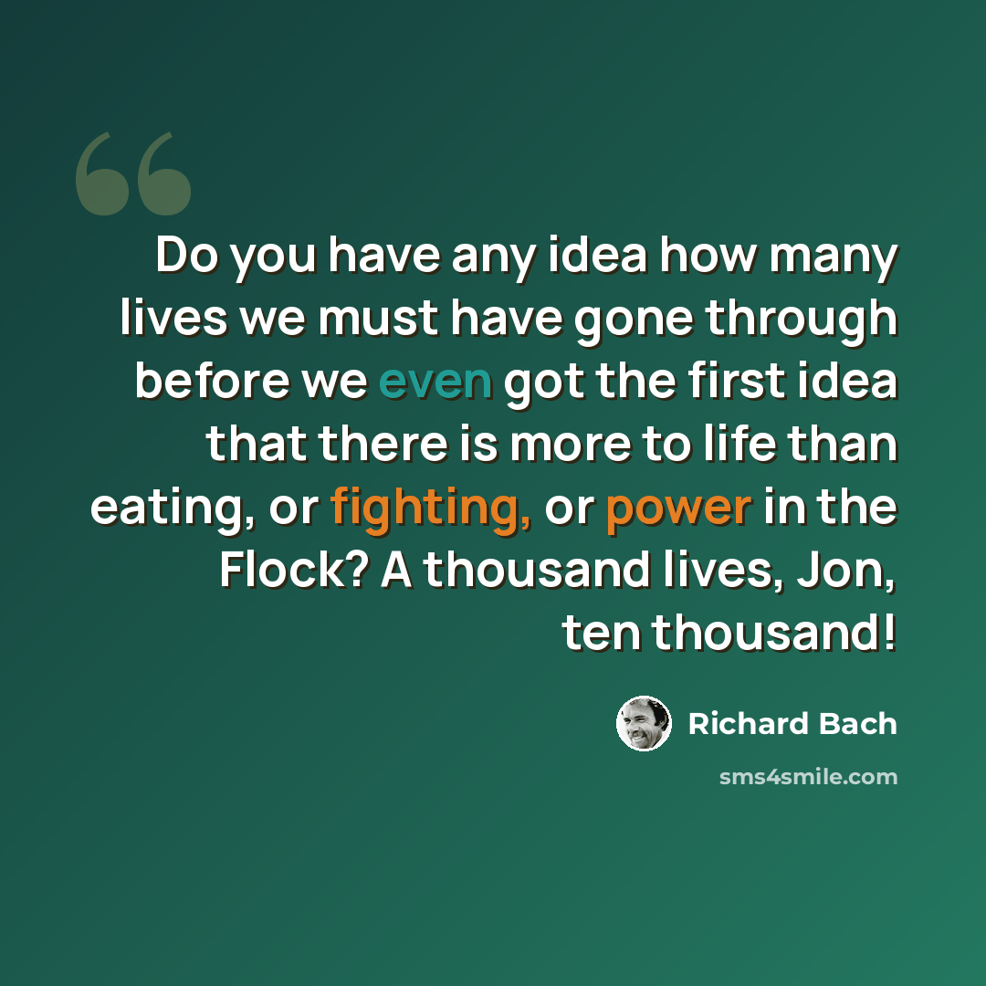 “Do you have any idea how many lives we must have gone through before we even got the first idea that there is more to life than eating, or fighting, or power in the Flock? A thousand lives, Jon, ten thousand!” quote by Richard Bach
