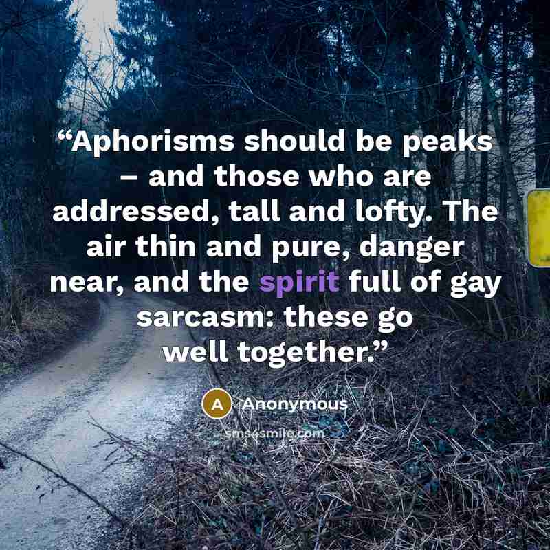 “Aphorisms should be peaks – and those who are addressed, tall and lofty. The air thin and pure, danger near, and the spirit full of gay sarcasm: these go well together.” quote by Anonymous