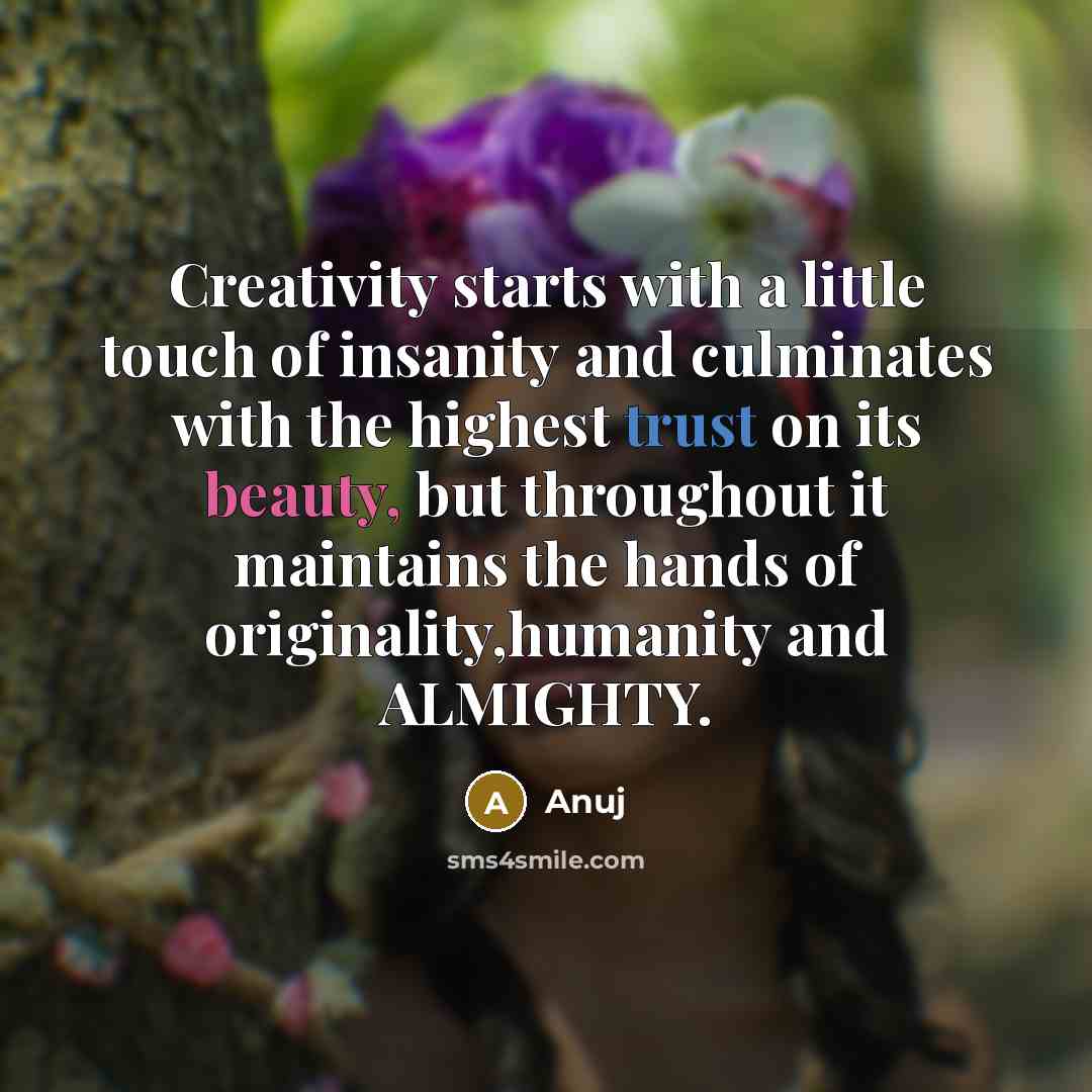 “Creativity starts with a little touch of insanity and culminates with the highest trust on its beauty, but throughout it maintains the hands of originality,humanity and ALMIGHTY.” quote by Anuj