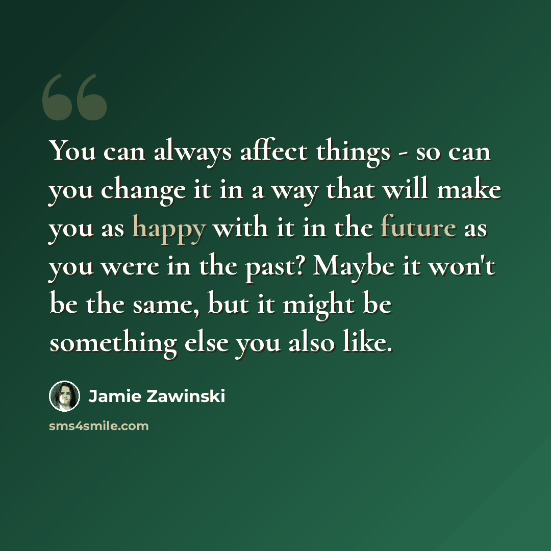“You can always affect things - so can you change it in a way that will make you as happy with it in the future as you were in the past? Maybe it won't be the same, but it might be something else you also like.” quote by Jamie Zawinski
