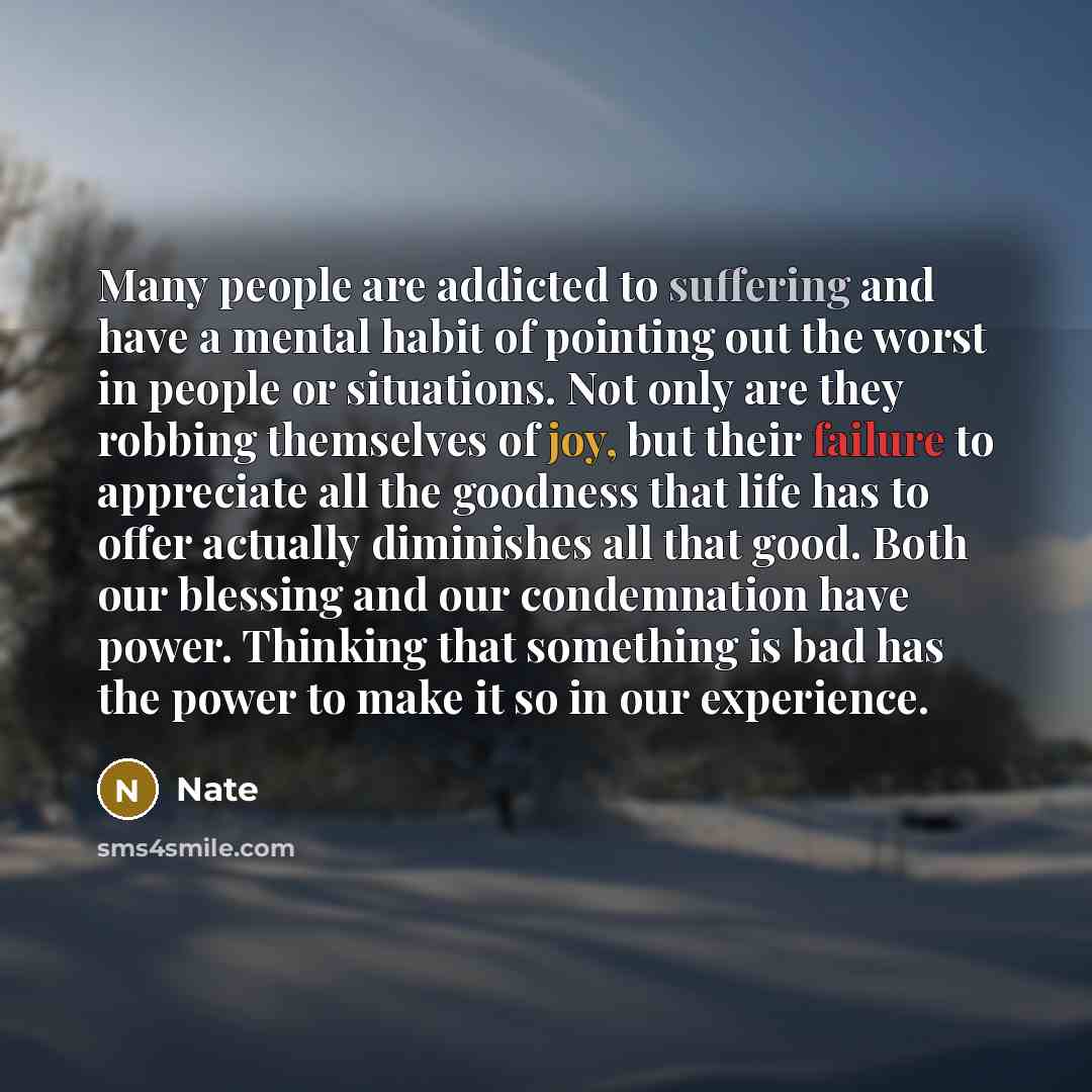 “Many people are addicted to suffering and have a mental habit of pointing out the worst in people or situations. Not only are they robbing themselves of joy, but their failure to appreciate all the goodness that life has to offer actually diminishes all that good. Both our blessing and our…” quote by Nate