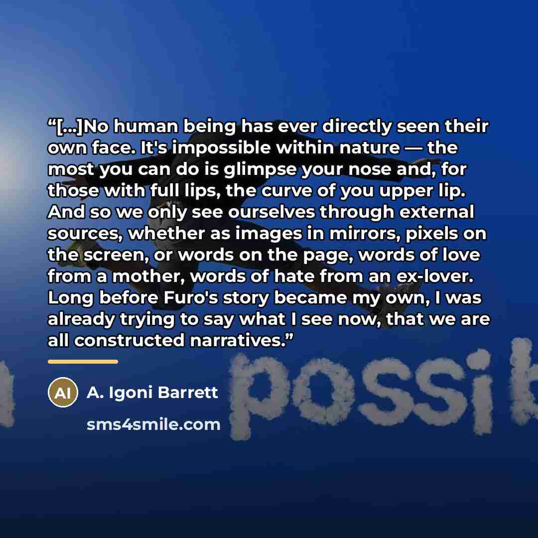 “[...]No human being has ever directly seen their own face. It's impossible within nature — the most you can do is glimpse your nose and, for those with full lips, the curve of you upper lip. And so we only see ourselves through external sources, whether as images in mirrors, pixels on the screen…” quote by A. Igoni Barrett