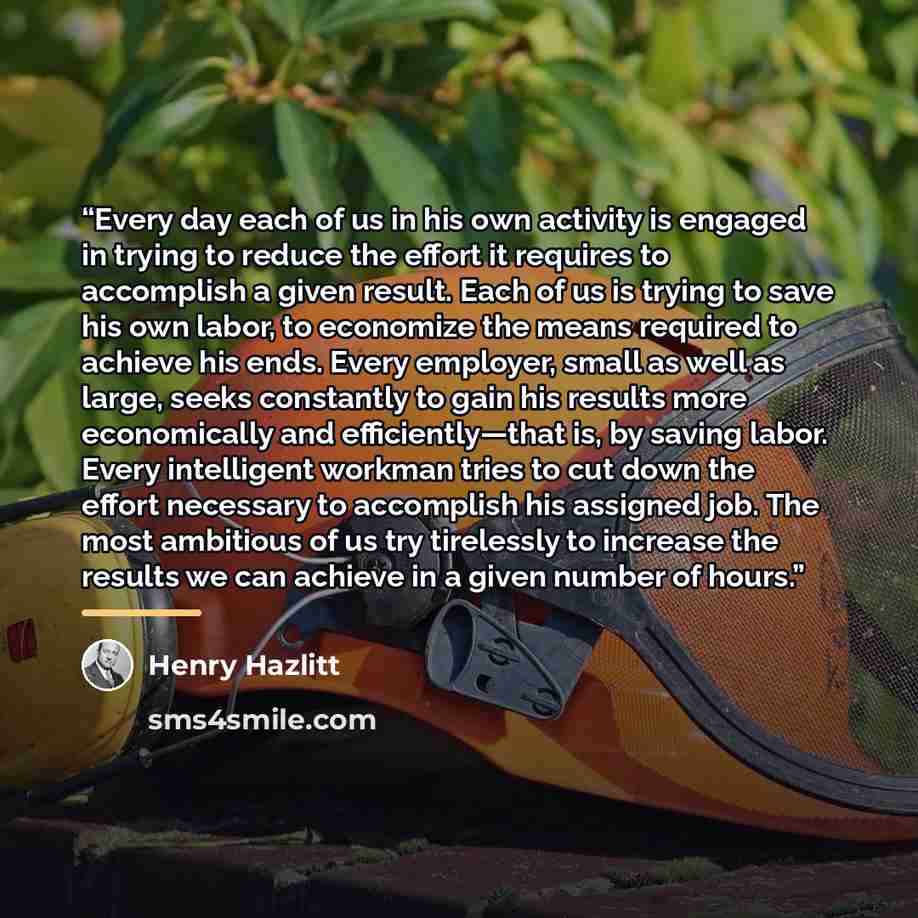 “Every day each of us in his own activity is engaged in trying to reduce the effort it requires to accomplish a given result. Each of us is trying to save his own labor, to economize the means required to achieve his ends. Every employer, small as well as large, seeks constantly to gain his results…” quote by Henry Hazlitt